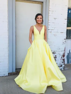 Simple v neck satin long prom dress, yellow evening dress