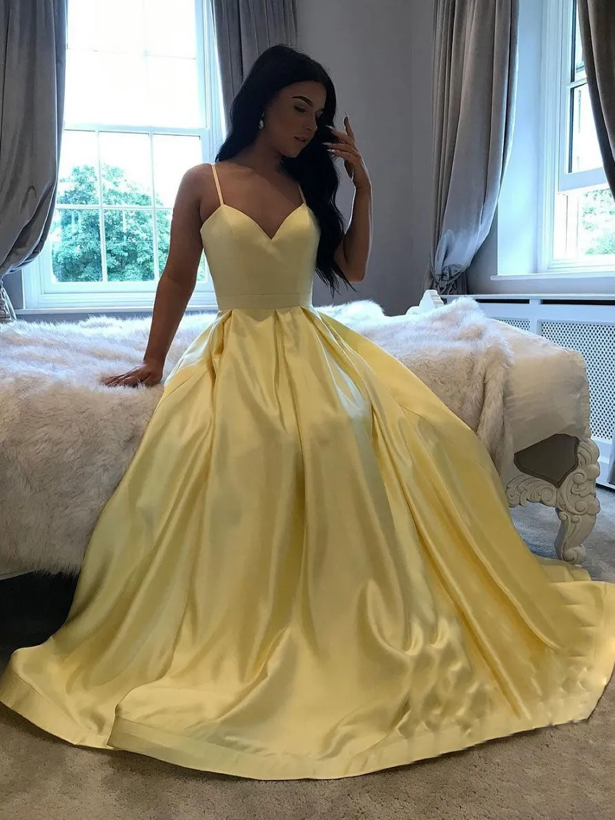 Simple yellow satin long prom dress, yellow evening dress