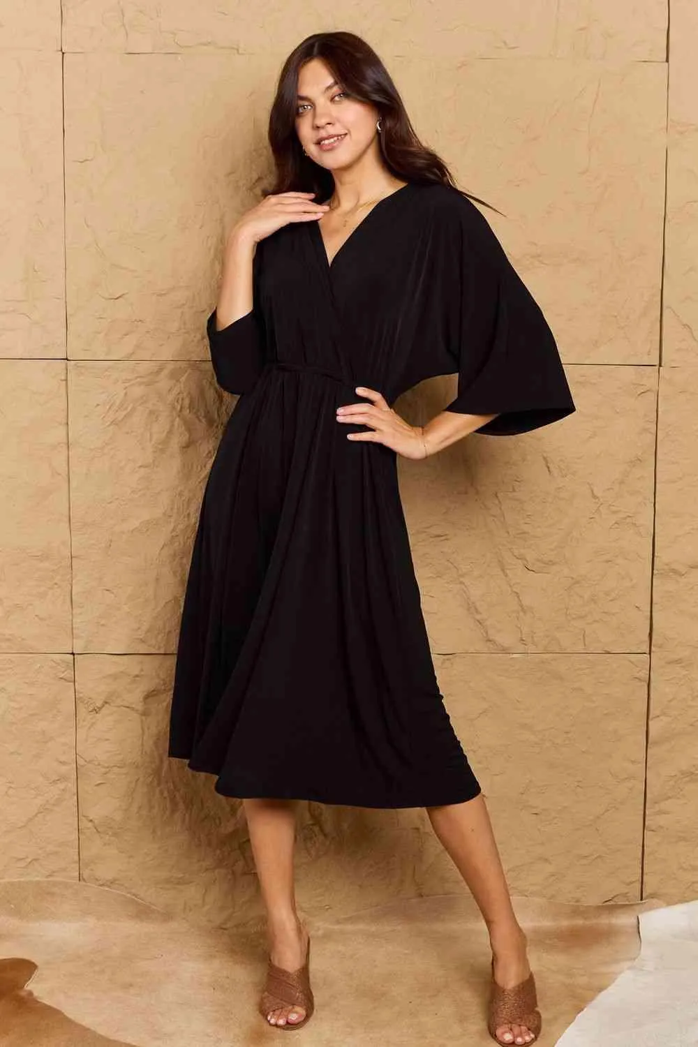 Solid Surplice Midi Dress