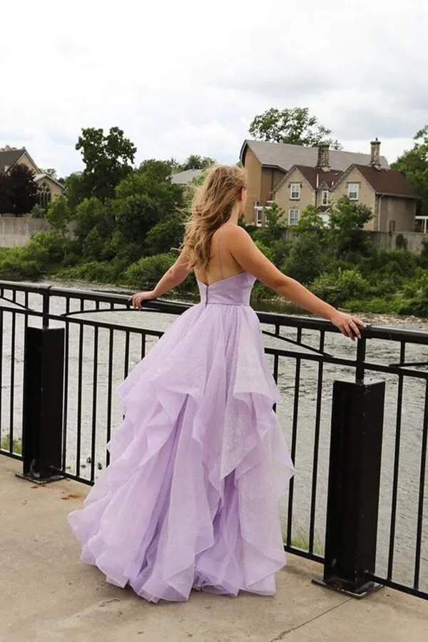 Sparkly Lavender Tulle A-line V-neck Long Prom Dresses, Evening Gowns