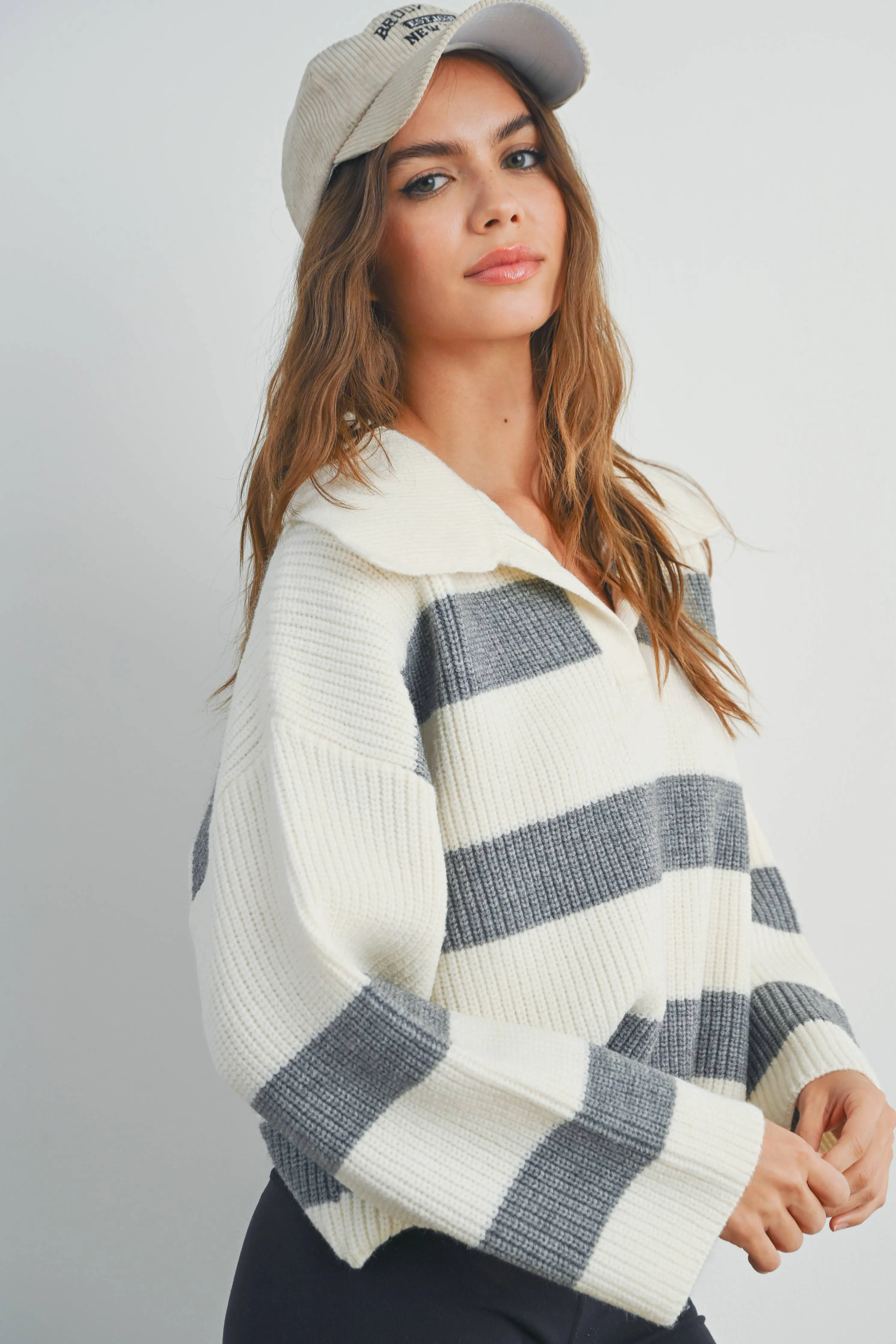 STRIPE DROP SHOULDER WITH WIDE COLLAR SWEATER