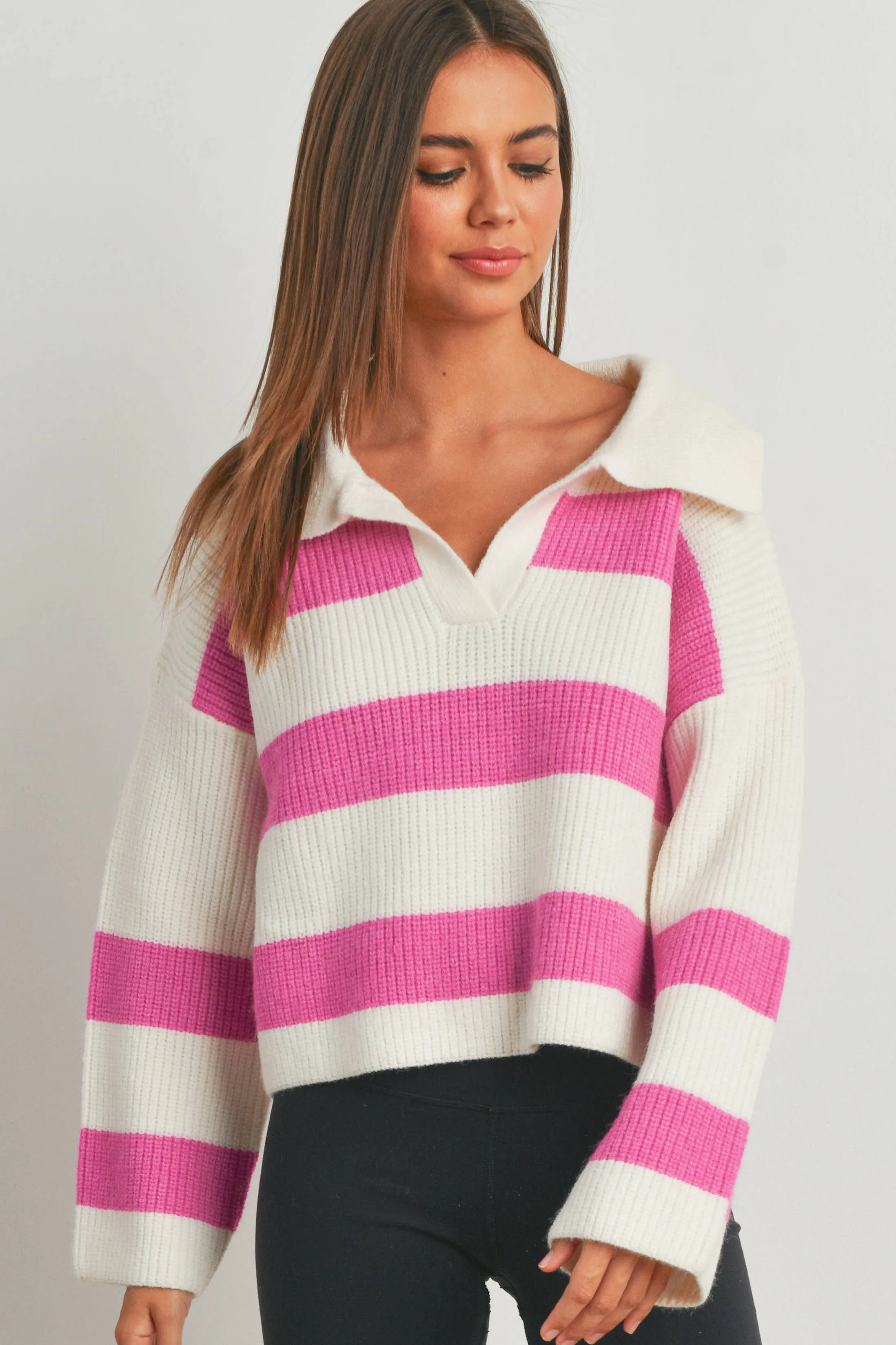 STRIPE DROP SHOULDER WITH WIDE COLLAR SWEATER