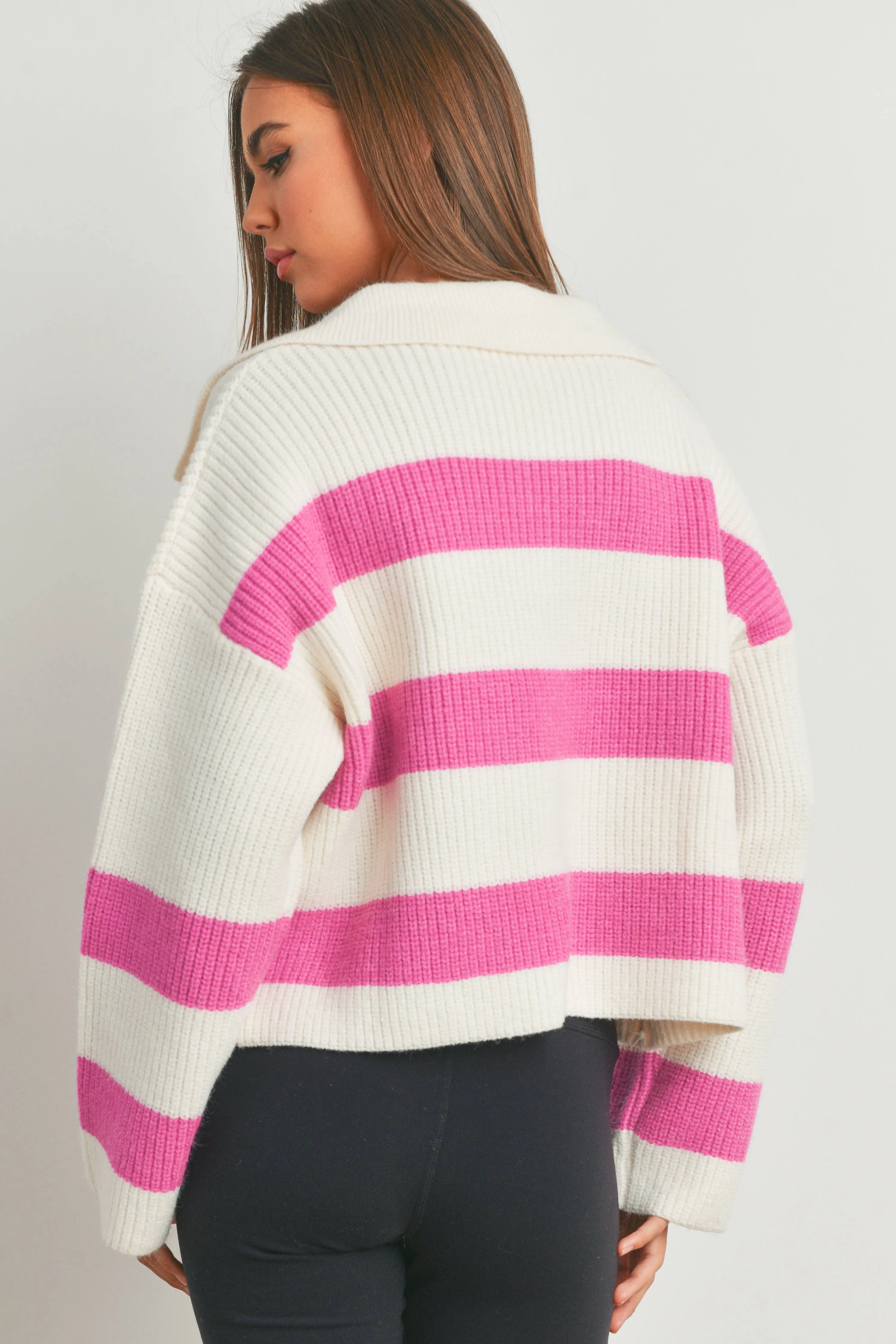 STRIPE DROP SHOULDER WITH WIDE COLLAR SWEATER