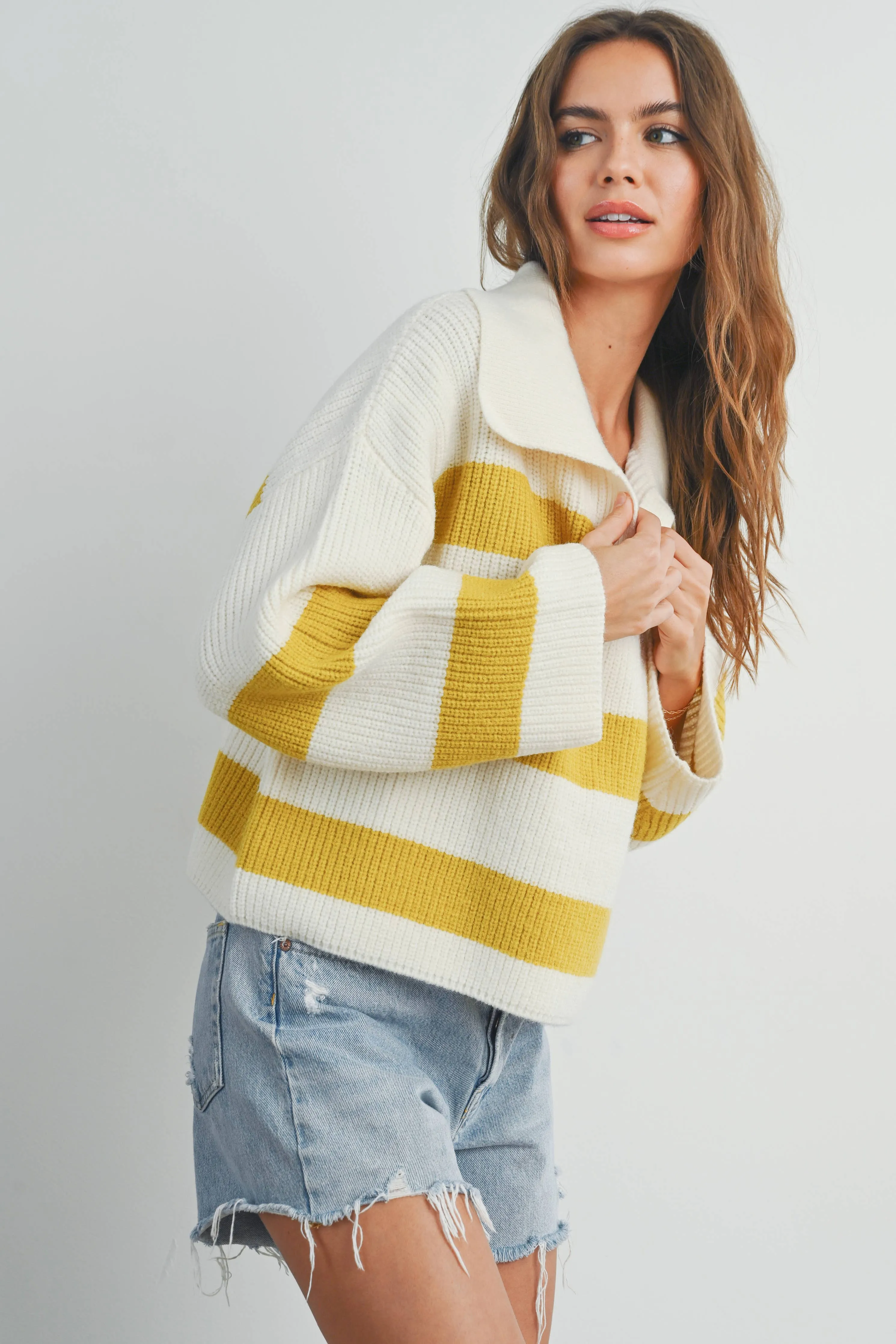 STRIPE DROP SHOULDER WITH WIDE COLLAR SWEATER