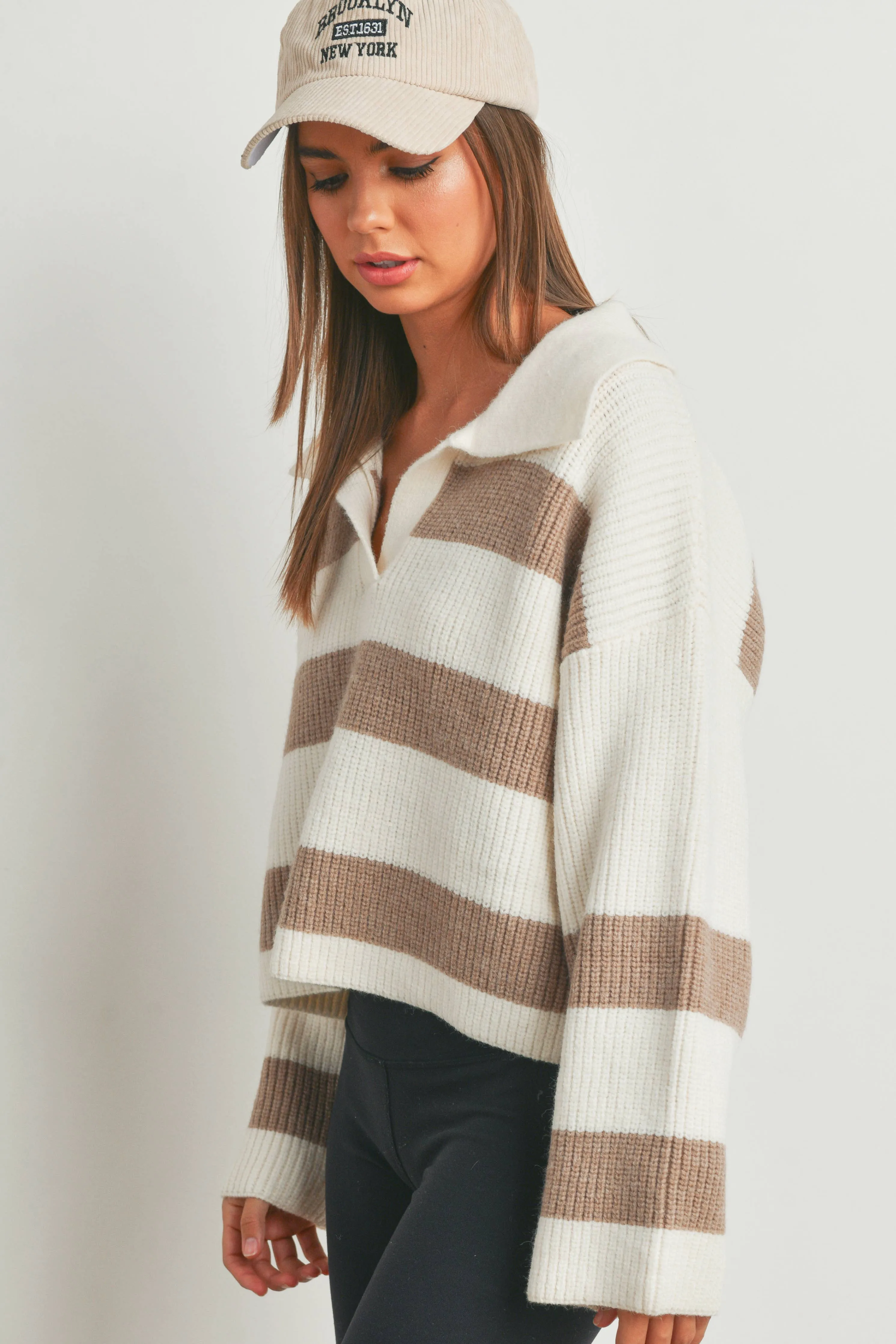 STRIPE DROP SHOULDER WITH WIDE COLLAR SWEATER