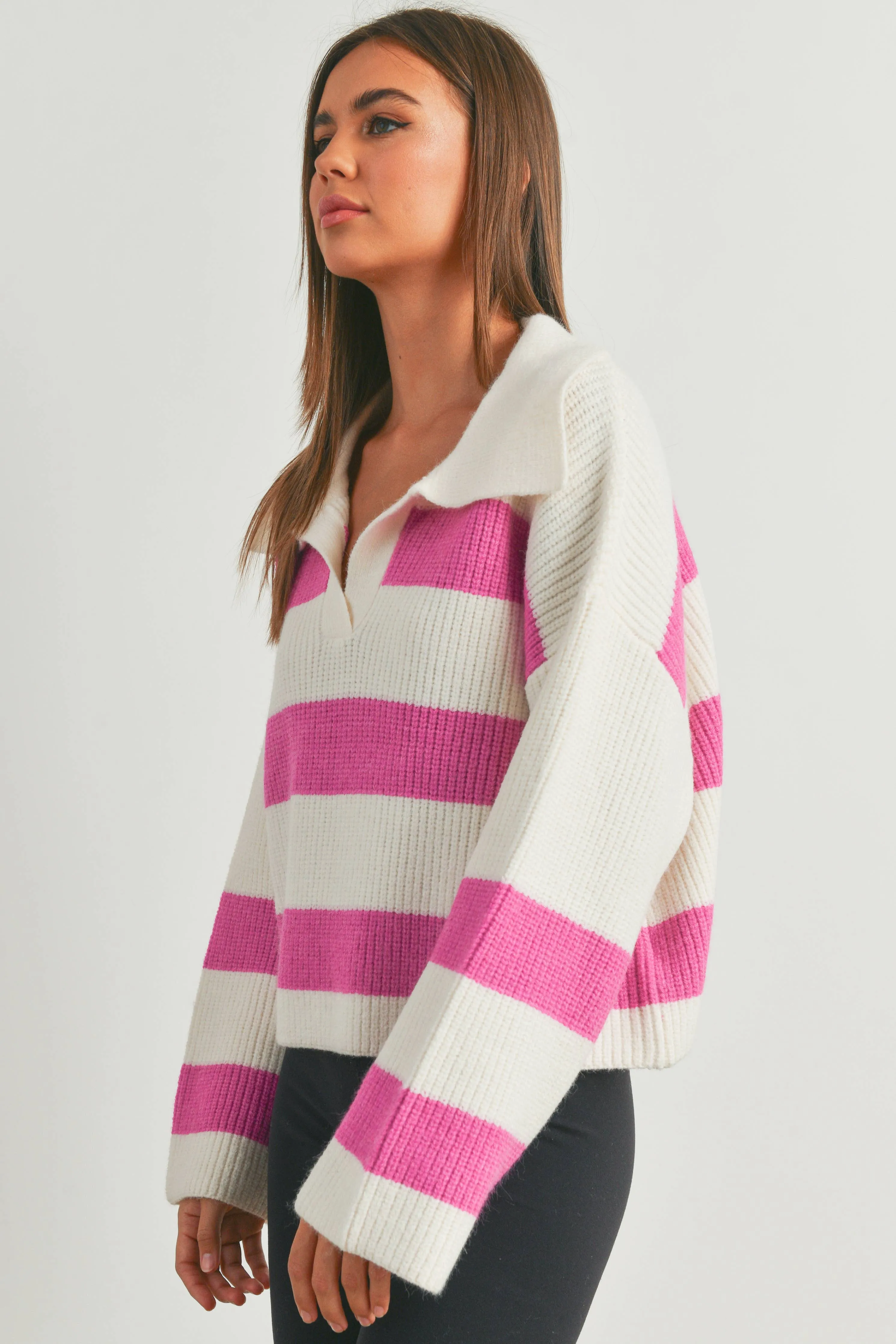 STRIPE DROP SHOULDER WITH WIDE COLLAR SWEATER