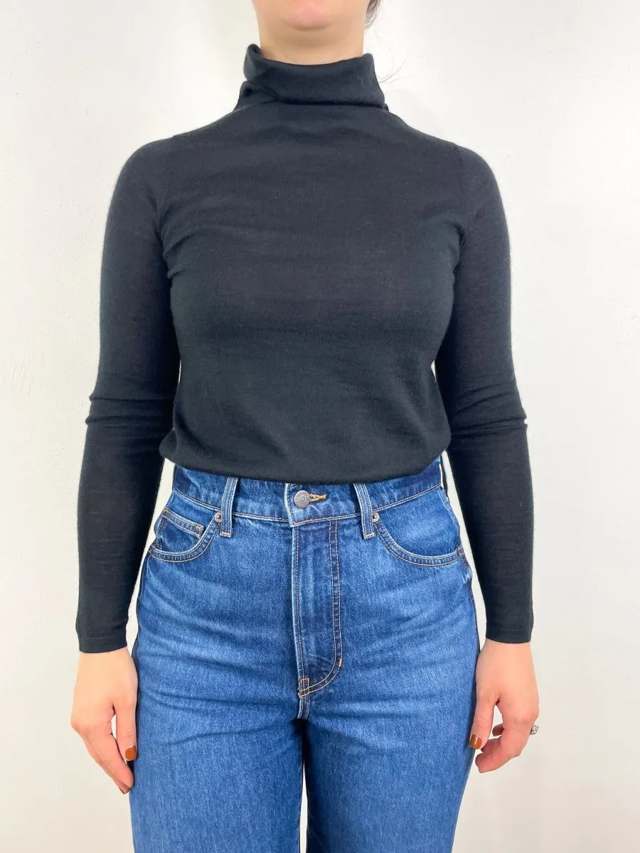 Superfine Funnel Neck Sweater in Black Cashmere