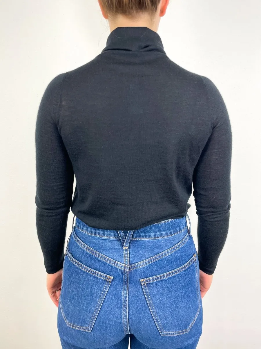 Superfine Funnel Neck Sweater in Black Cashmere