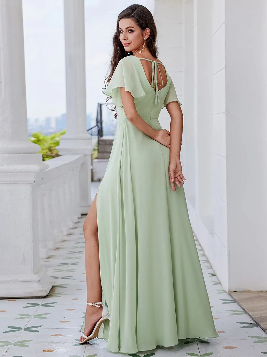 U-Neck and Back Tie High Slit Bridesmaid Dress with Ruffle Sleeves