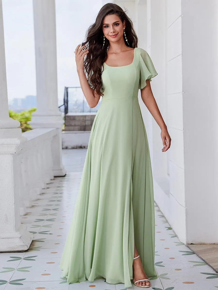 U-Neck and Back Tie High Slit Bridesmaid Dress with Ruffle Sleeves