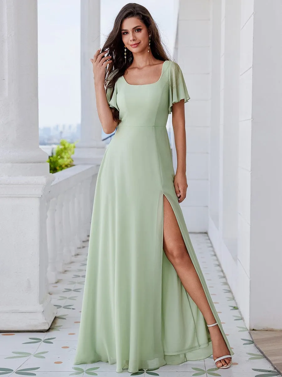 U-Neck and Back Tie High Slit Bridesmaid Dress with Ruffle Sleeves