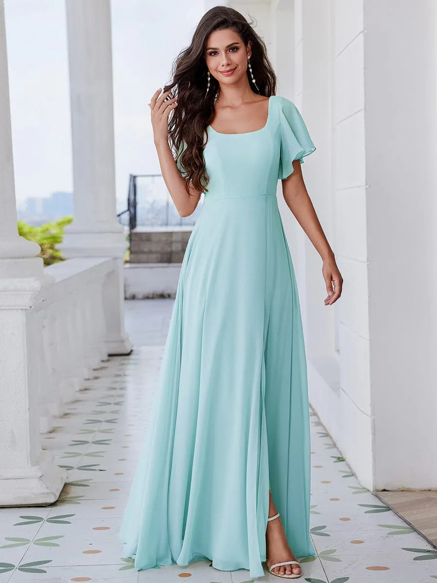 U-Neck and Back Tie High Slit Bridesmaid Dress with Ruffle Sleeves