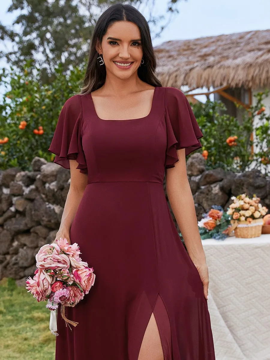 U-Neck and Back Tie High Slit Bridesmaid Dress with Ruffle Sleeves