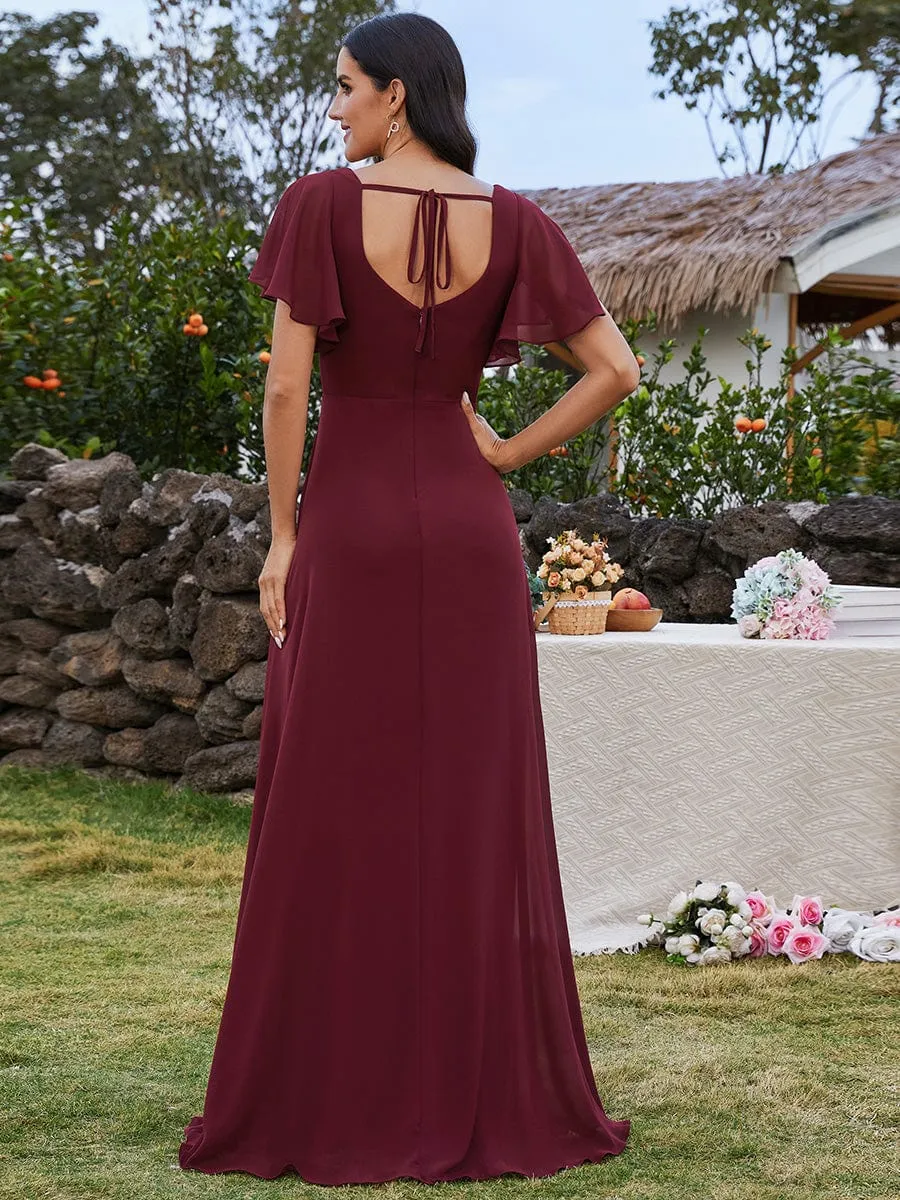 U-Neck and Back Tie High Slit Bridesmaid Dress with Ruffle Sleeves