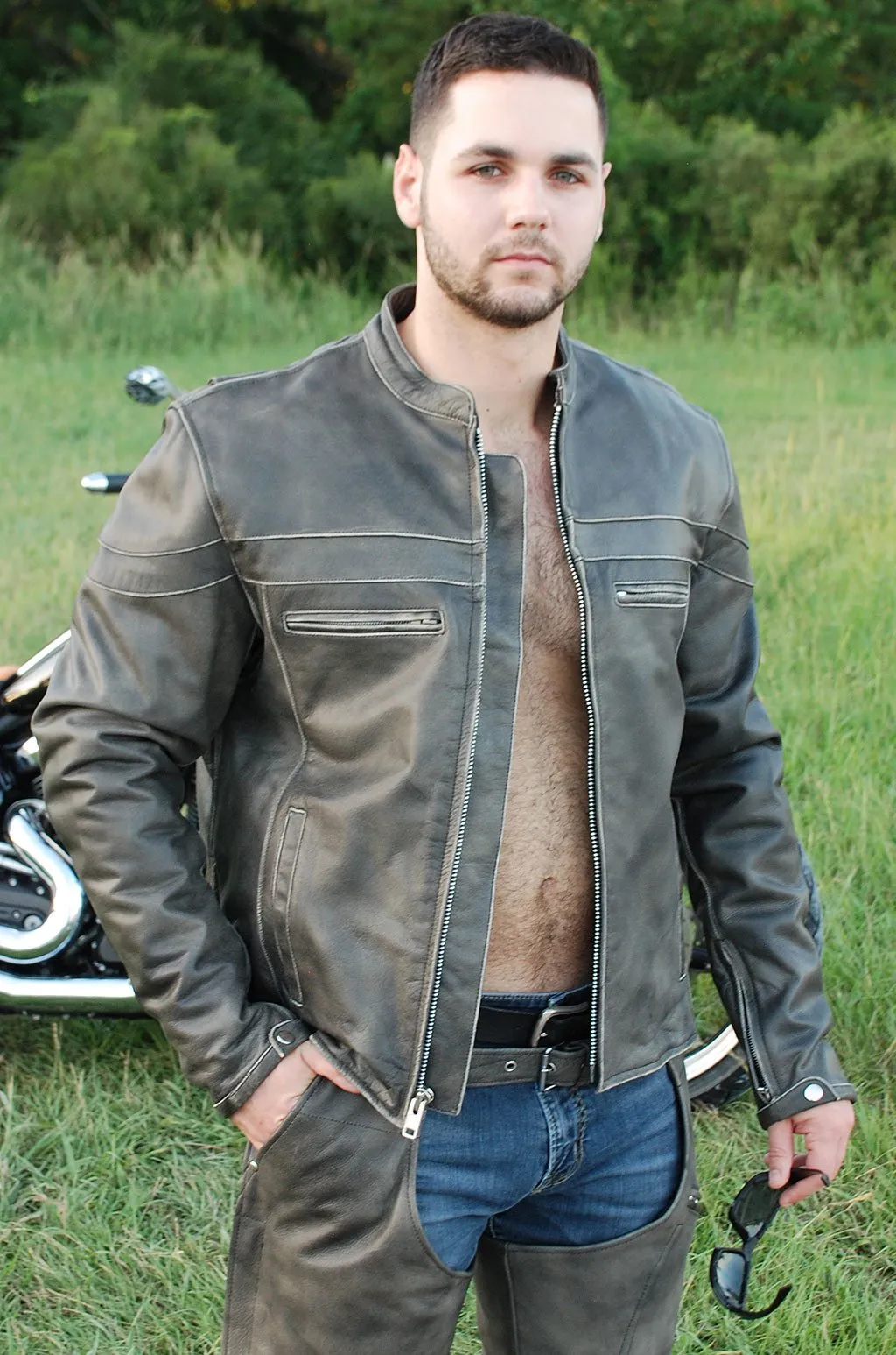 Vintage Brown Leather Vented Motorcycle Jacket - Scooter Style #MA4170ZDN ()