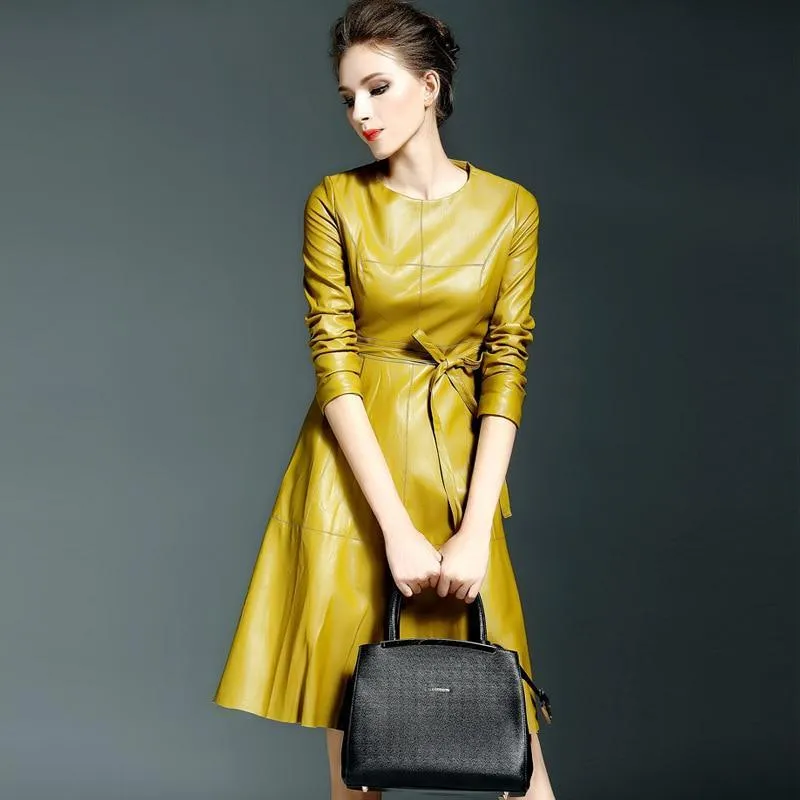 Women High Quality Faux Leather Office Lady A-line Dresses