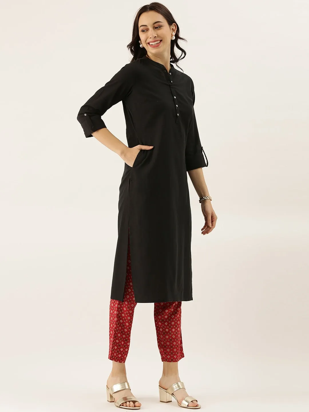 Women'S Black Solid Straight Roll Up Kurti